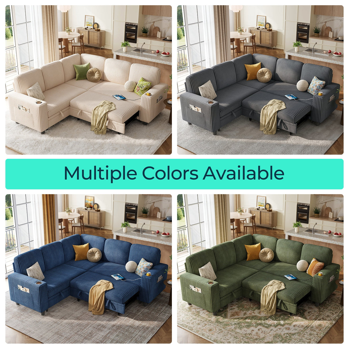 Linsy Home Plush Corduroy Sleeper Sofa Bed with Reversible Storage Chaise, Pull Out Couch Bed with USB, Cup Holder, Side Pocket, L Shaped Sectional Couches for Living Room, Apartment, Dark Grey