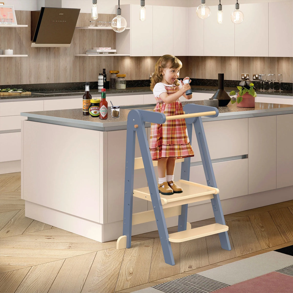 JOZ Kitchen Toddlers Step Stool, Montessori Kids Learning Stool, Foldable Toddler Tower for Counter, Standing Helper for Children, 3 Adjustable Heights, Wooden, White