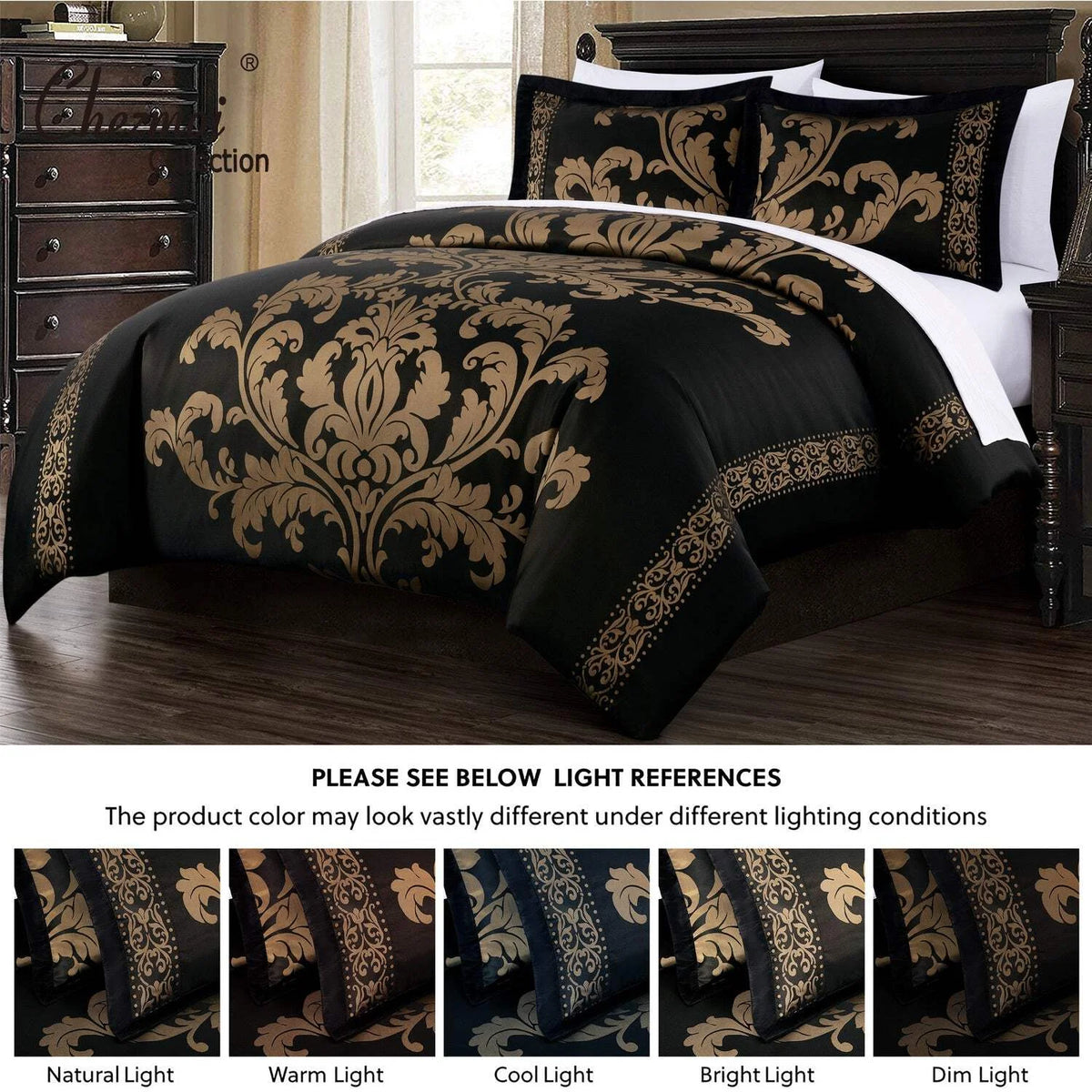 Chezmoi Collection Valor 7-Piece Bed in a Bag California King, Black/Gold Luxury Jacquard Floral Comforter with Sheets Set for All Season