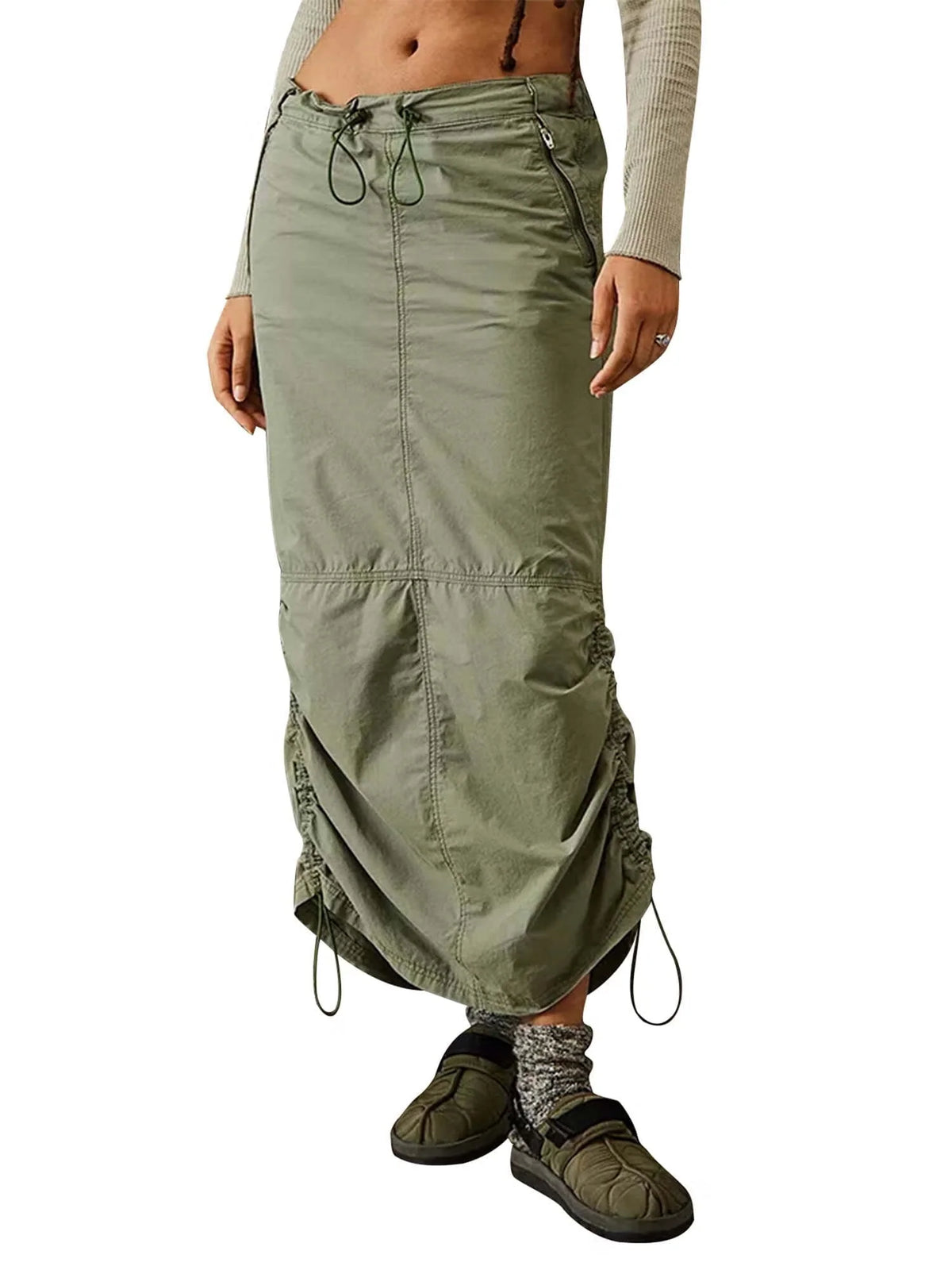 KelaJuan Women Cargo Skirt Summer Casual Elastic Drawstring Ruched Long Skirt with Pockets