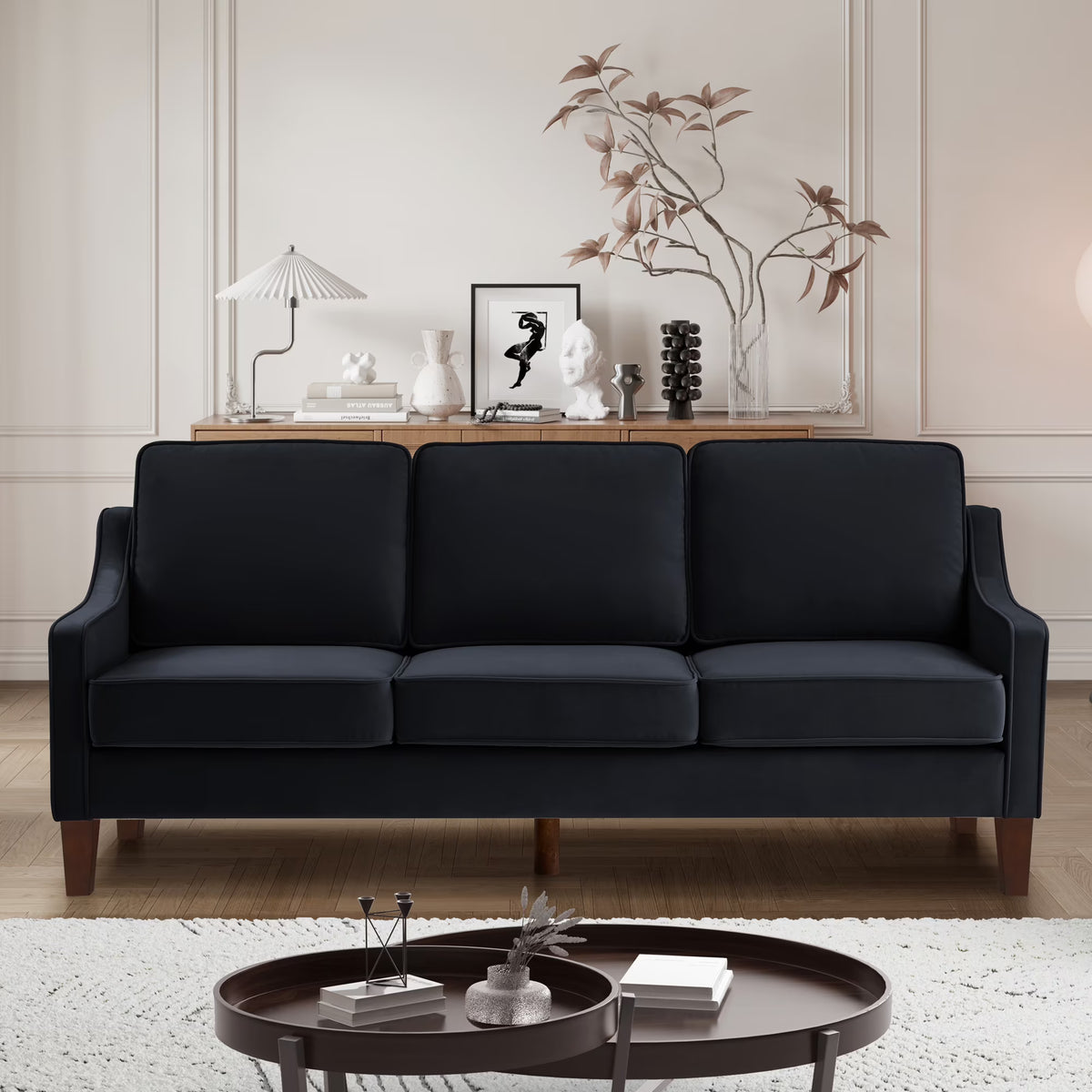 Living Room Sofas Modern 3 Person seat Sofa Couch with Scooped Armrest/Wood legs,Upholstered Velvet 3-seat Sofa with Removable Cushions for Livingroom Bedroom,Black,Comfortable Sofas
