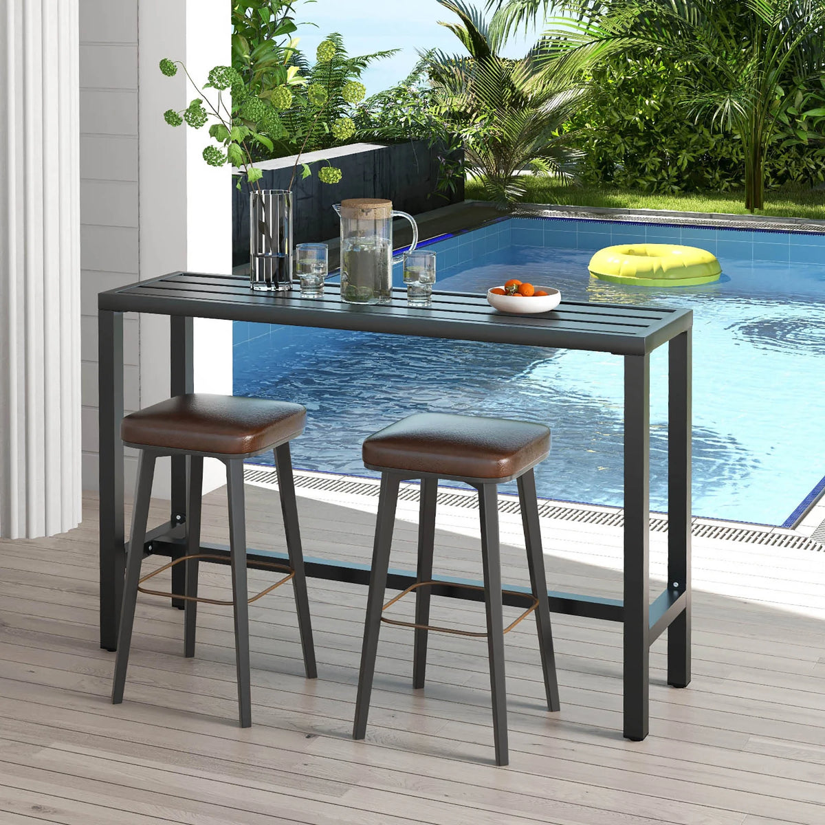Costway Outdoor Metal Bar Table 55'' Patio Rectangular Counter Height Dining Table Black