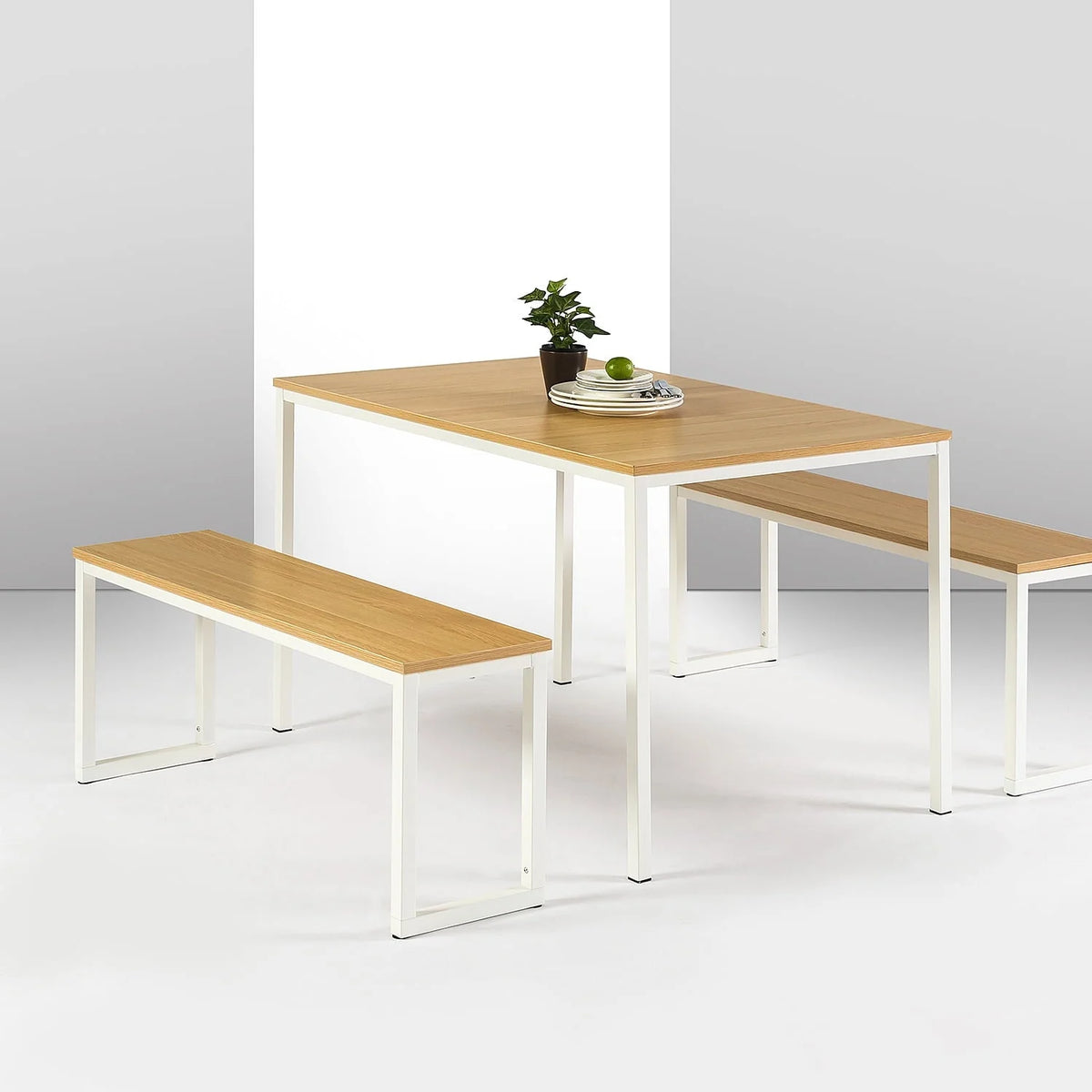 Zinus Louis 48" White Metal Dining Table with Benches, 3 Piece Dining Set