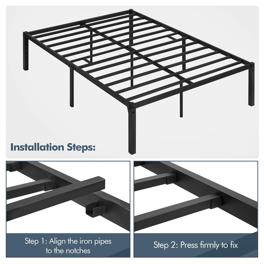 Alden Design Metal Platform Queen Bed Frame with Heavy Duty Steel Slat Support, Black