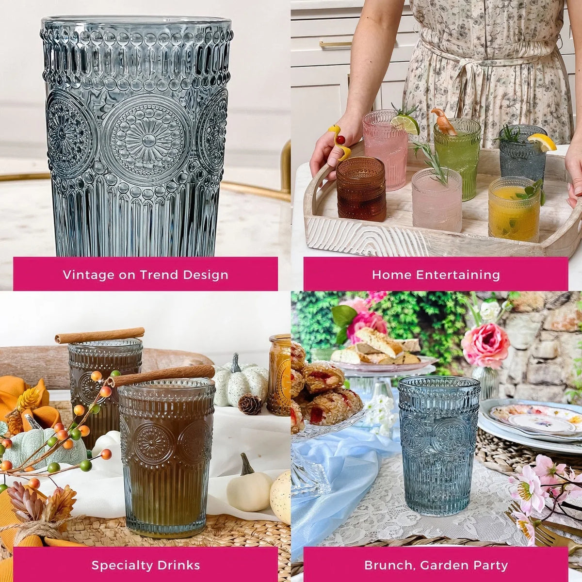 Vintage Textured Amber Striped Drinking Glasses Set of 24, (13 oz) Ribbed Glassware with Flower Design | Cocktail Set, Juice Glass, Water Tumbler