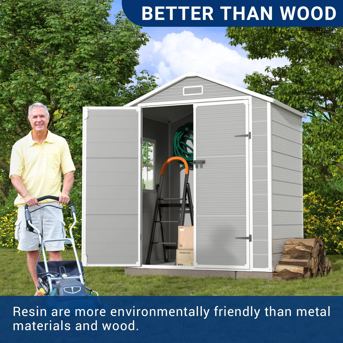 ELPOSUN Outdoor Storage Shed 6x4.5 ft, Resin Outside Sheds & Outdoor Storage Plastic for Trash Can, Bike, Lawnmower, Generator, Tool Shed with Lockable Door for Backyard, Lawn, Patio, Grey & White