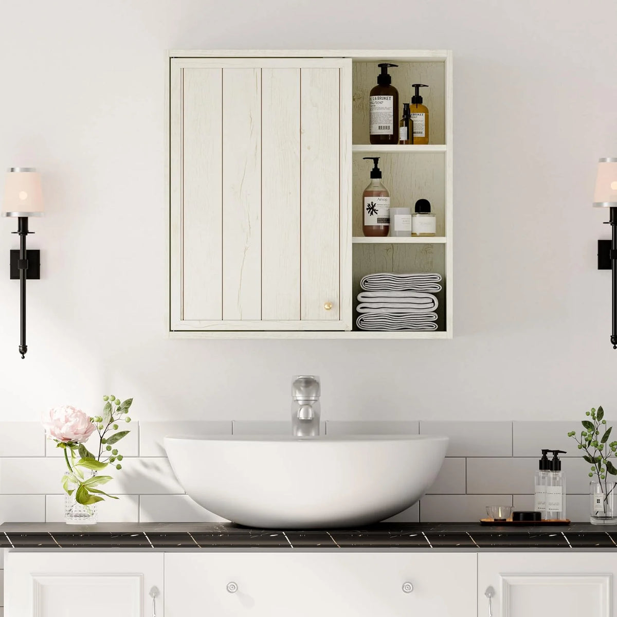 ANHDAH Rustic Wall Cabinet - Wooden Bathroom Storage with Shelf, Over-Toilet Mounted Cupboard for Kitchen, Laundry, Garage (Brown)