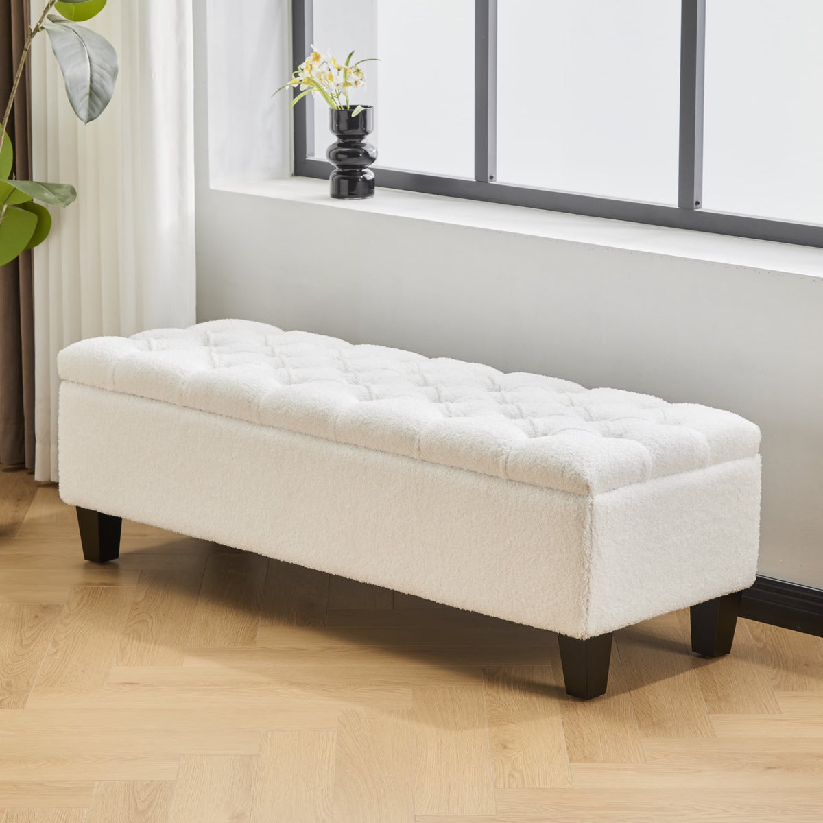 Furniliving Modern Upholstered Button Tufted Storage Ottoman Entryway Bench, Ivory