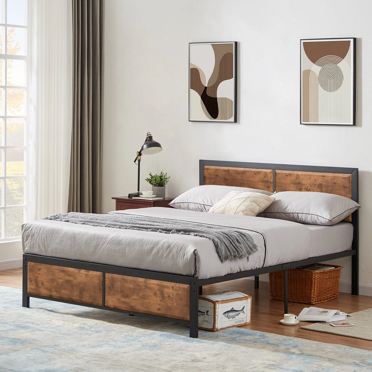 VECELO 3-Piece Bedroom Set with Twin Size Bed Frame and 1-Drawer Black Nightstands