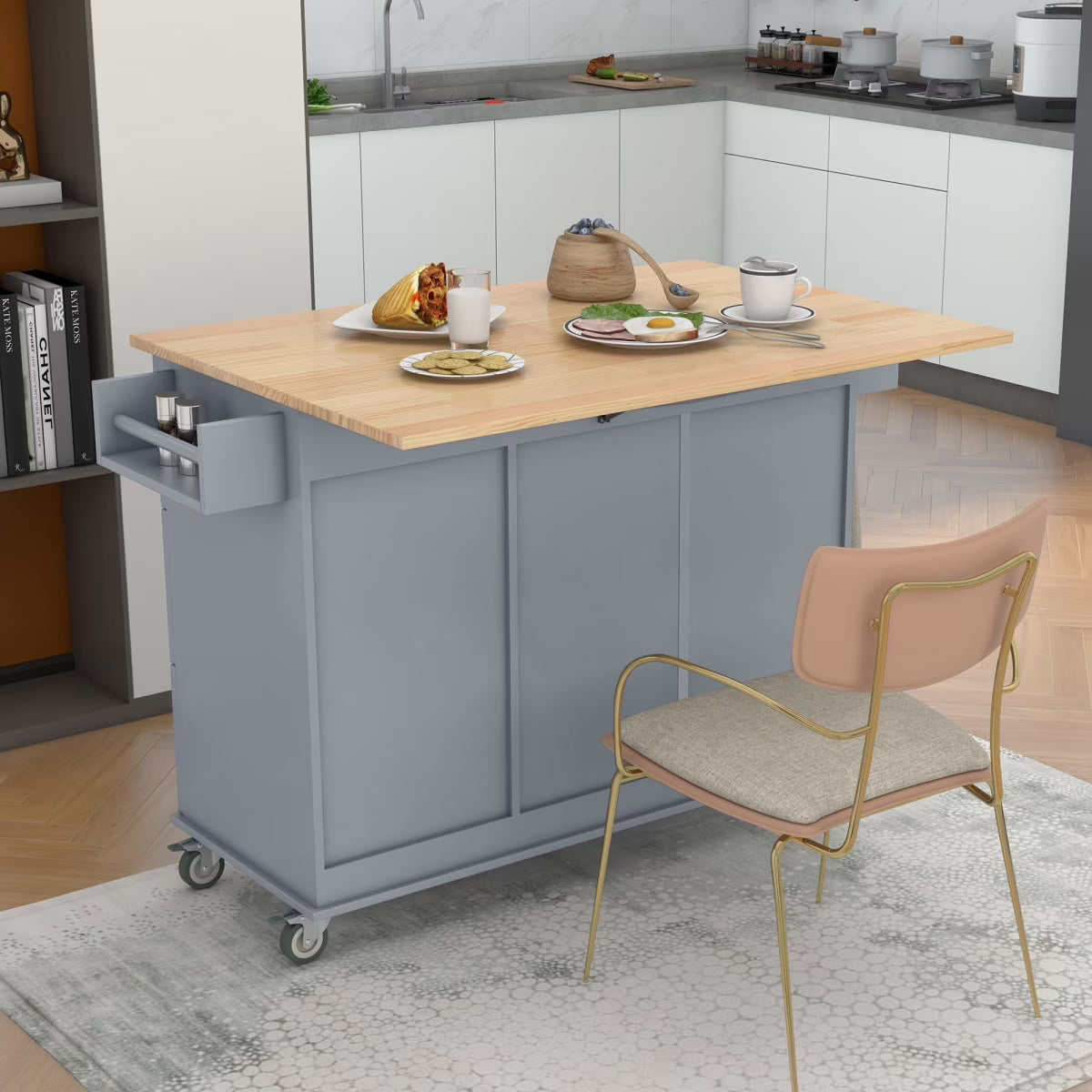 Kitchen Cart with Solid Wood Top and Drop Leaf Breakfast Bar, Rolling Mobile Kitchen Island with Storage, Spice Rack and Towel Rack, 52.7 Inch Width, Grey Blue