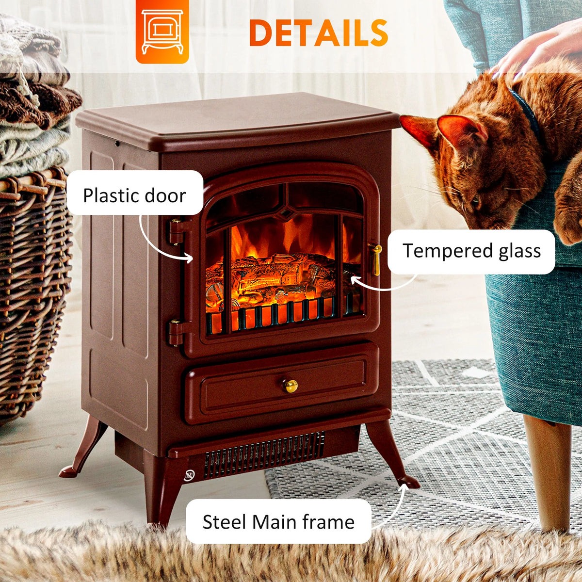 HOMCOM Electric Fireplace Heater, Fireplace Stove with Realistic LED Flames and Logs, and Overheating Protection, 725W/1450W, Red