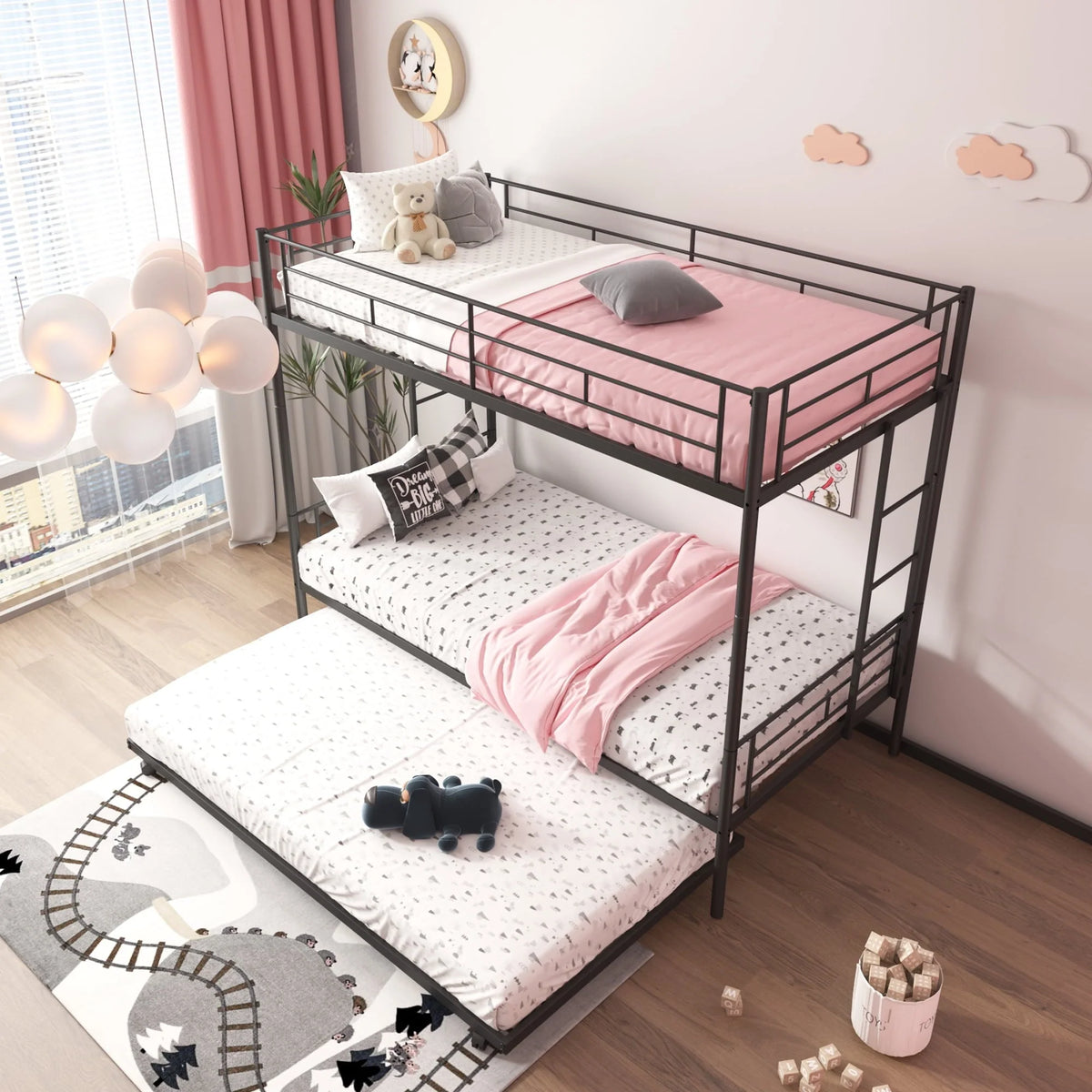 Twin Over Twin Bunk Bed with Trundle, Metal Twin Bed with Safety Guard Rail and Ladders, Space-Saving Design Sleeping Bedroom Bunk Bed for Boys, Girls, Kids, Young Teens and Adults, Easy Assembly, K92