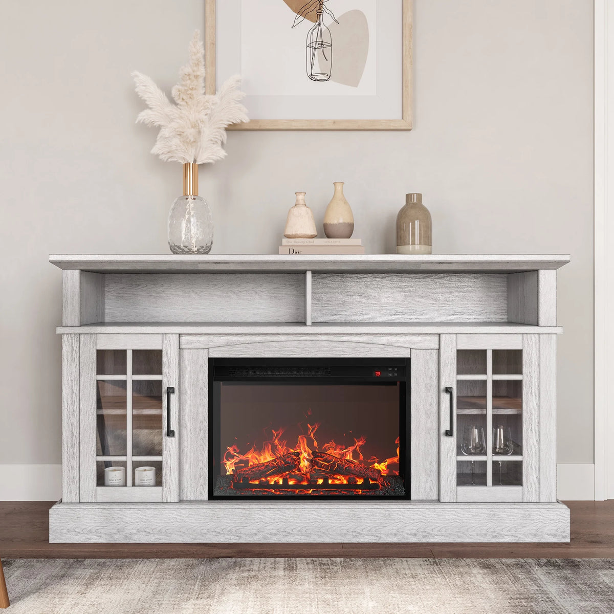 BELLEZE 58" TV Stand with 23" Electric Fireplace, Fireplace TV Console for TVs up to 65", Home Entertainment Center with Storage Cabinet and Adjustable Shelves - Astorga (Gray Wash)