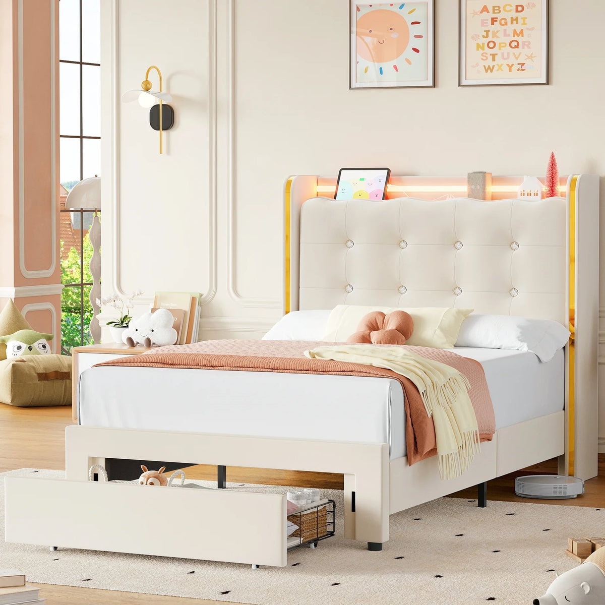 Homfa Twin Size LED Bed Frame with Drawer, Velvet Crystal Button Upholstered Platform Bed Frame with Outlets and USB Ports & Display Platform, No Box Spring Needed, Pink