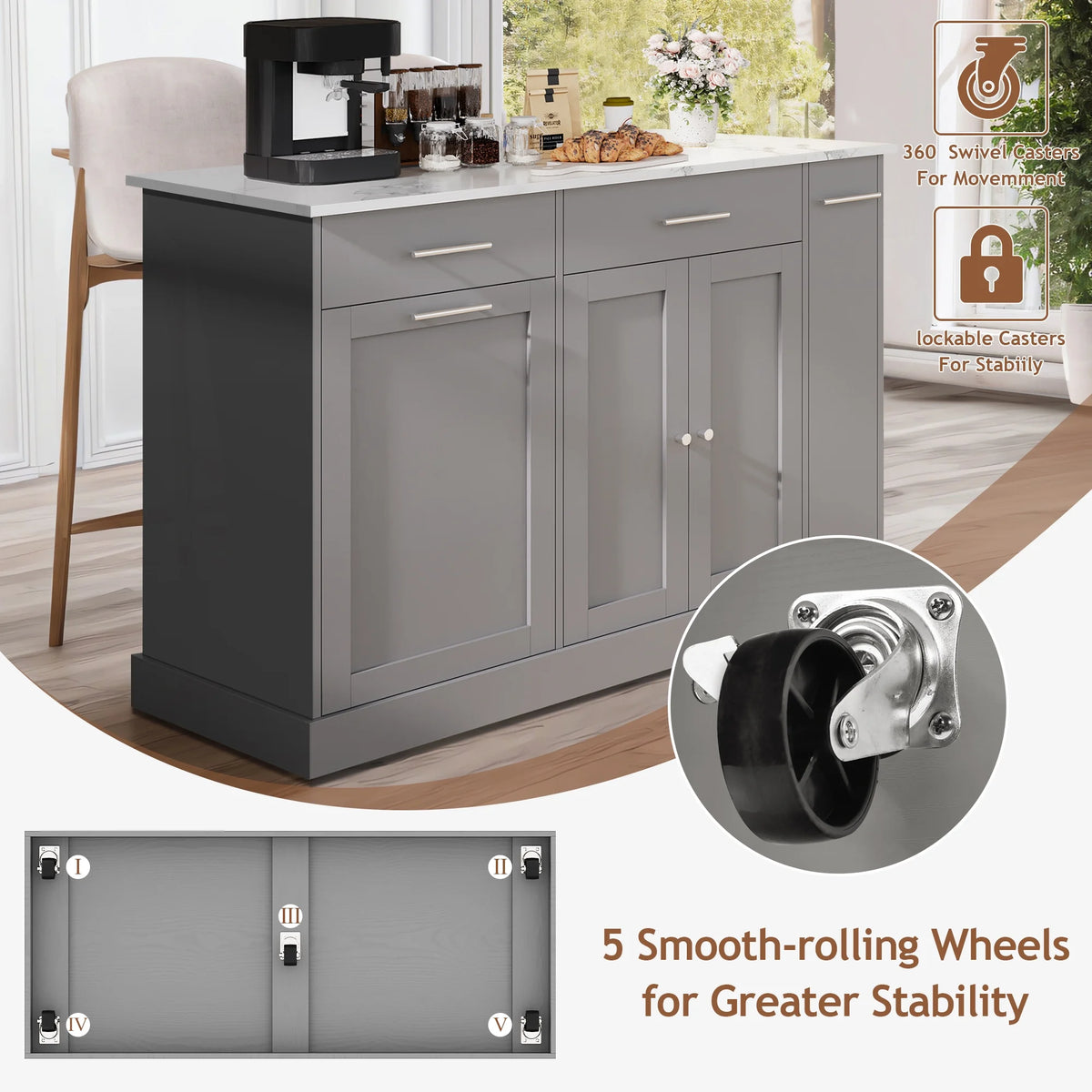 DreamCurship 52" Kitchen Island with Storage, Rolling Kitchen Cart Island with Wheels, Tilt Out Kitchen Trash Cabinet 10 Gallon Storage, 3 Large Spice Racks and 2 Drawers, White