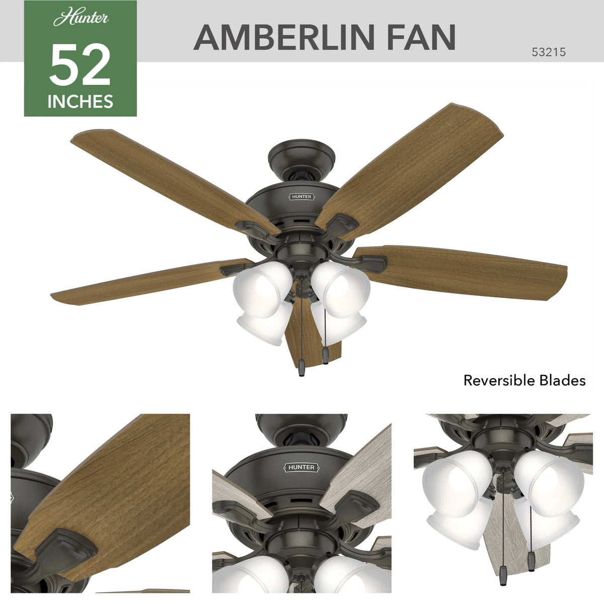 Hunter - Amberlin Indoor Ceiling Fan With Light, 52-inch, Brushed Nickel, Casual-style, 3-speed WhisperWind Motor, 53216, for Living Rooms, Bedrooms
