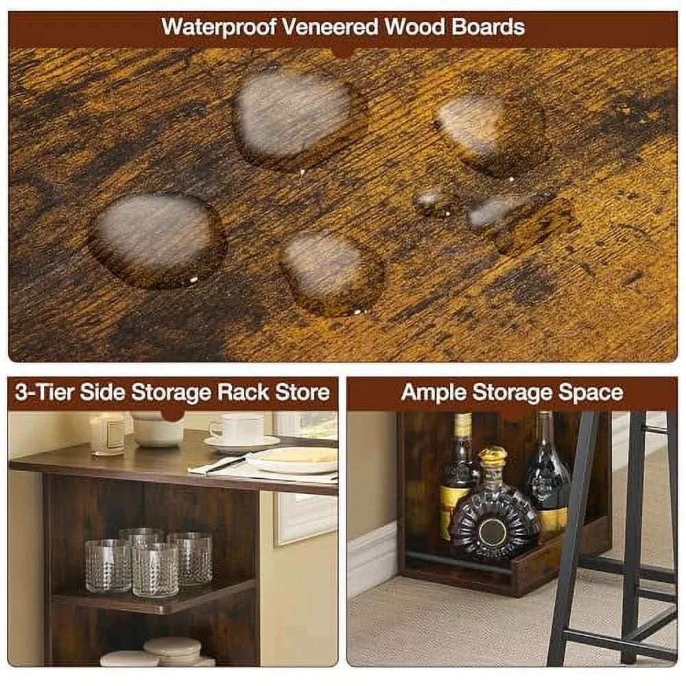 Dining Table Set, Bar Table and Chairs Set, 3-Piece Bar Table Set with Storage Drawer & Shelf, Steel Frame, Industrial, Rustic Brown, Space Saving Table for Small Apartment