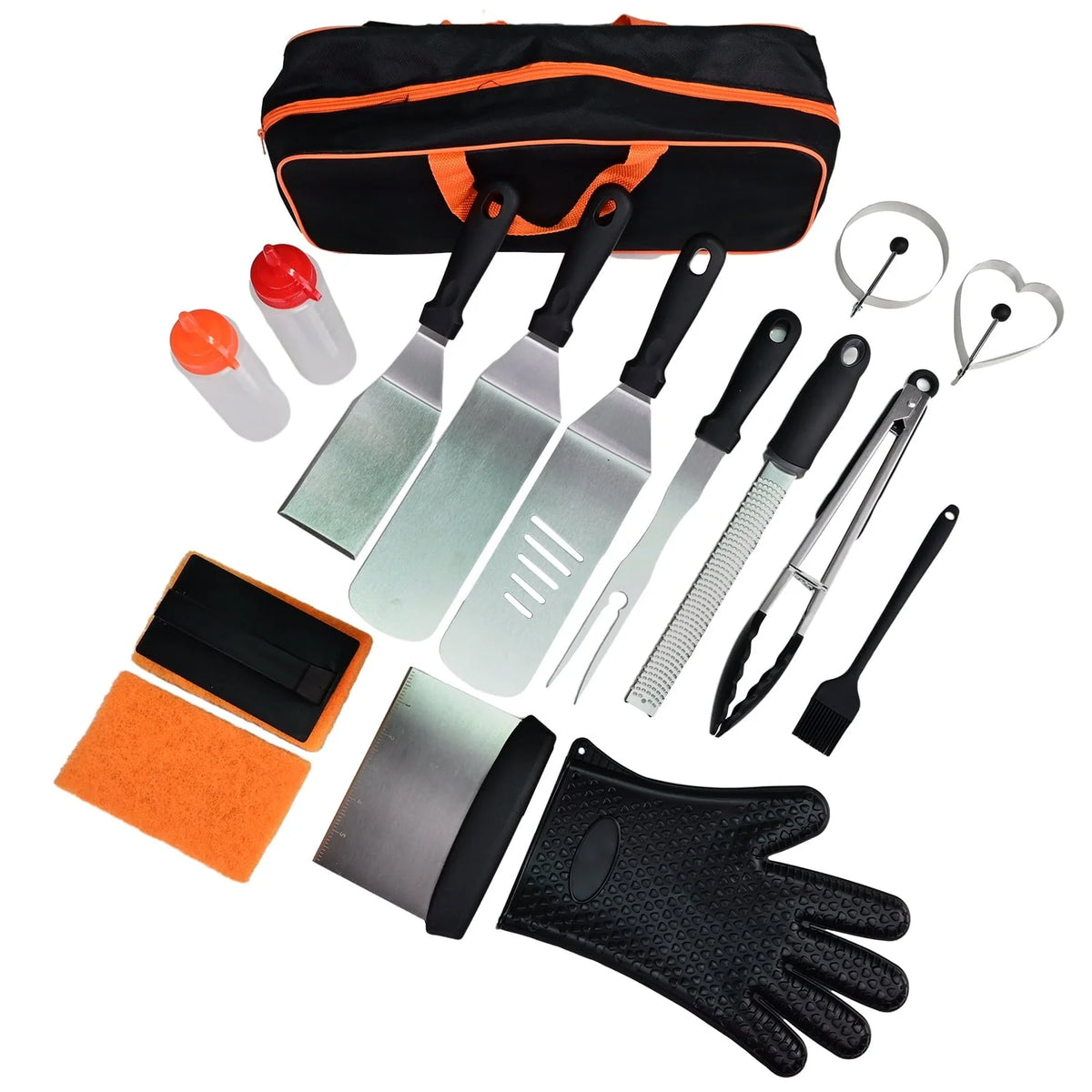 Griddle Accessories, 16 PCS Flat Top Grill Accessories Set for Blackstone and Camp, ROTTAY Stainless Steel BBQ Accessories with Spatulas, Tong, Egg Mold, Grater & Carry Bag for Outdoor BBQ