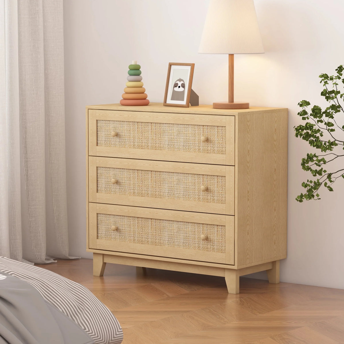 FANRAL 3 Drawer Dresser for Bedroom,Boho Small Natural Rattan Closet Dressers Chest of Drawers,Modern Wood Clothes Storage Organizer with Wooden Feet and Handles for Hallway,Living Room,Entryway
