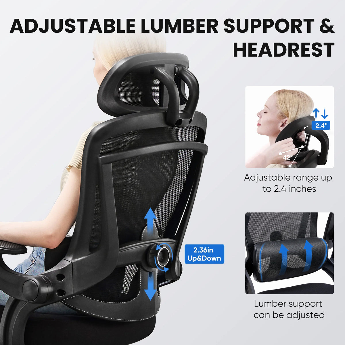 CONCETTA Ergonomic High Back Office Chair with Adjustable Lumbar Support, Headrest for Adults, Black