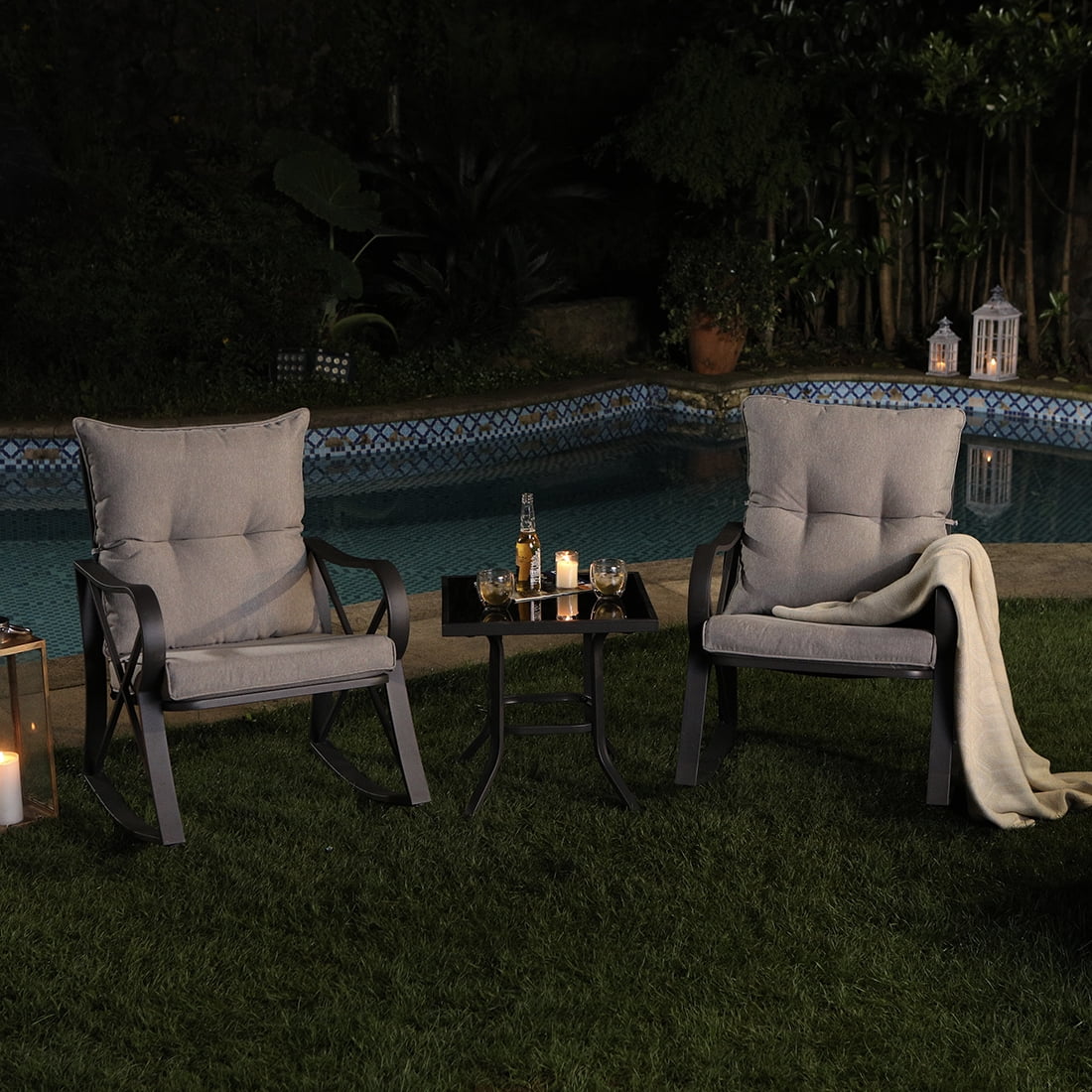 COSIEST 3 Piece Rocking Chair Bistro Set, Patio Outdoor Furniture w Cushions, Glass-Top Table