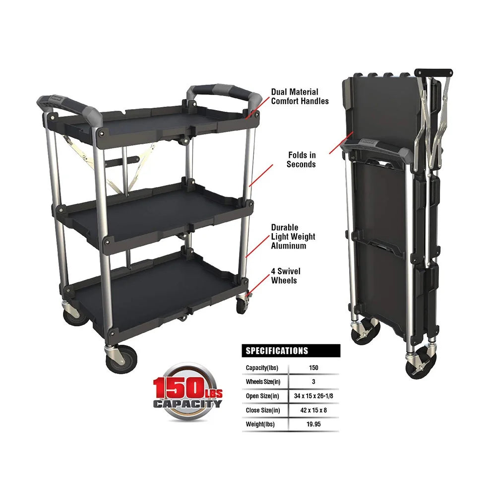 Olympia Tools Pack N Roll 3 Tier Collapsible Rolling Service Cart, Black