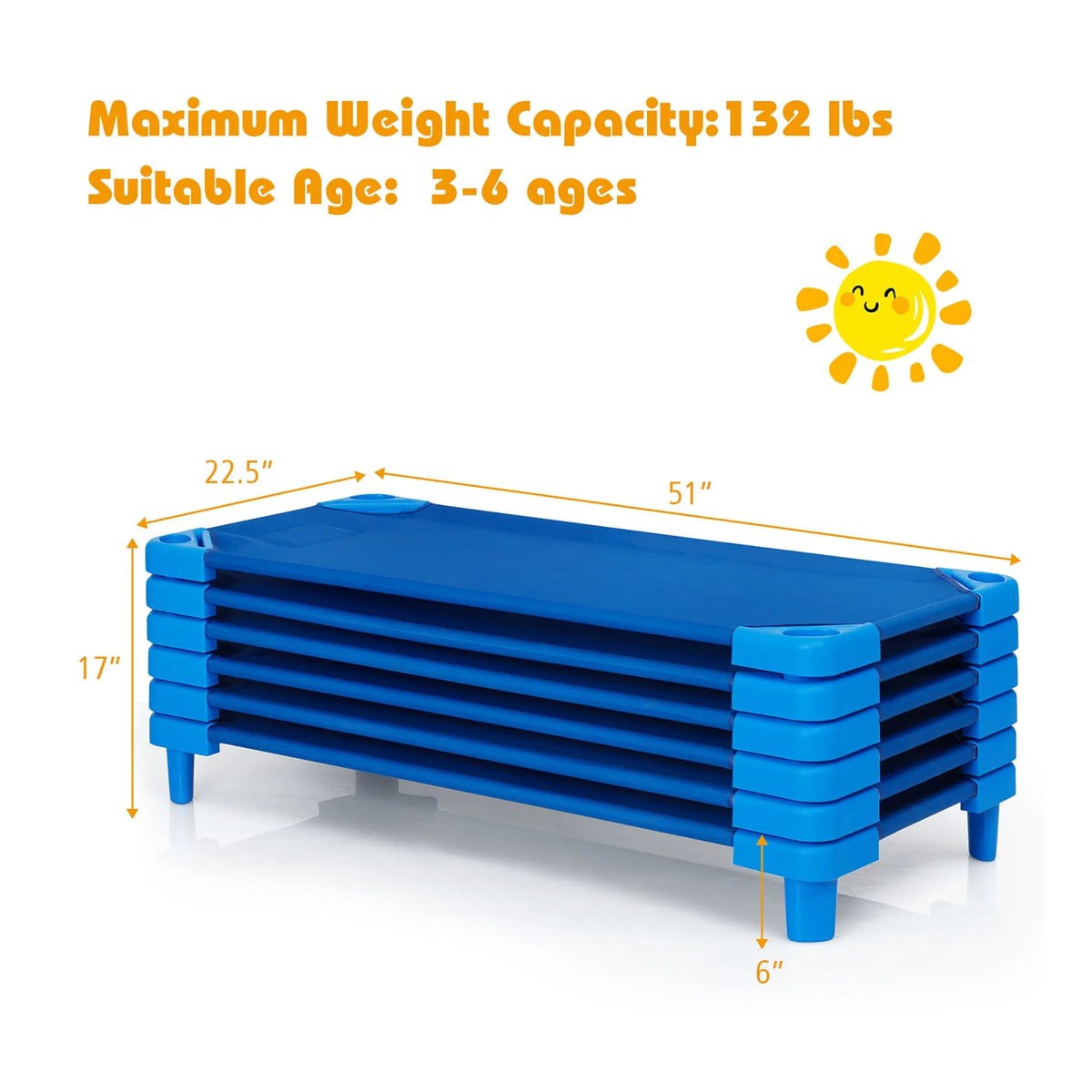 Costway Pack of 6 Kids Stackable Naptime Cot 52'' L x 23'' W Daycare Rest Mat