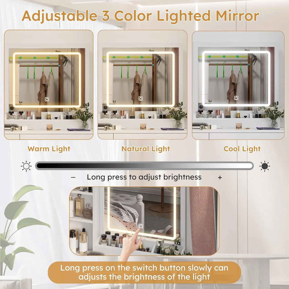 Montary Modern Mini Vanity w/Adjustable LED Mirror + Hidden Storage, Padded Stool & Dustproof Shelves (White)