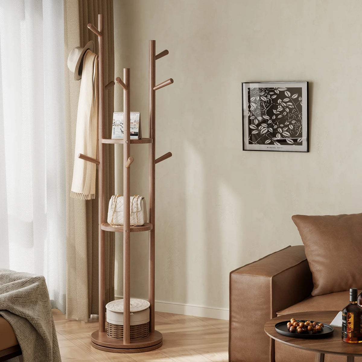 KASLANDI Solid Wood Rotary Coat Rack with 3 Shelves & 9 Hooks, Freestanding Hall Tree Stand, Coat Tree for Entryway, Living Room, Walnut, Easy Assembly