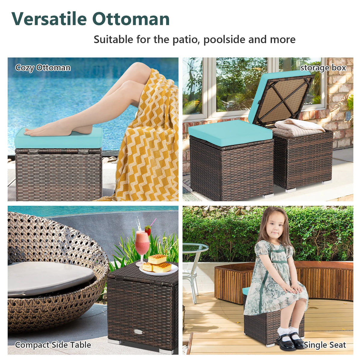 Costway 2PC Patio Rattan Ottoman Seat Side Table Storage Box Footrest Off White
