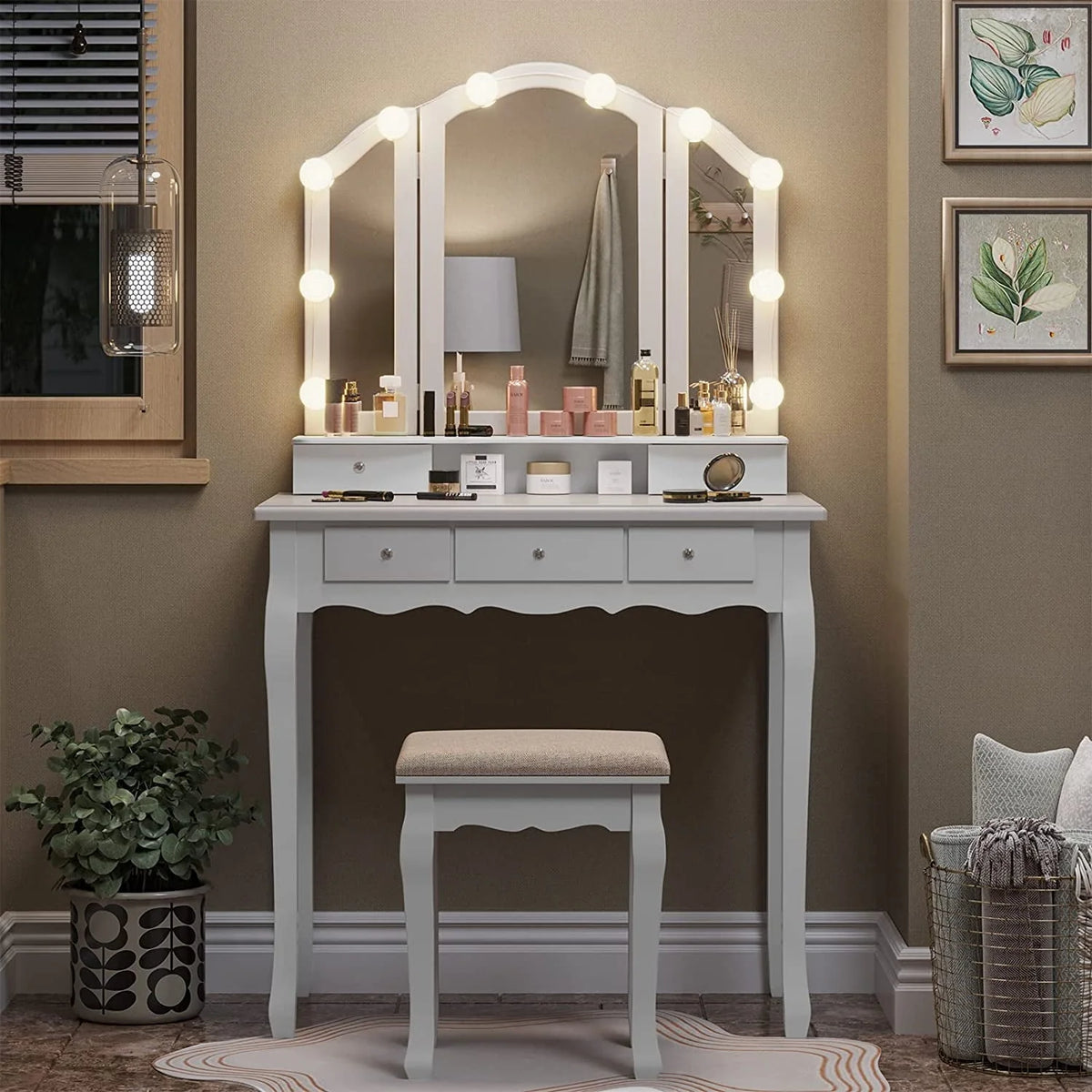 Tiptiper Vanity Table Set with Lighted Tri-Fold Mirror and Stool, Makeup Vanity Dressing Desk 5 Drawers, White