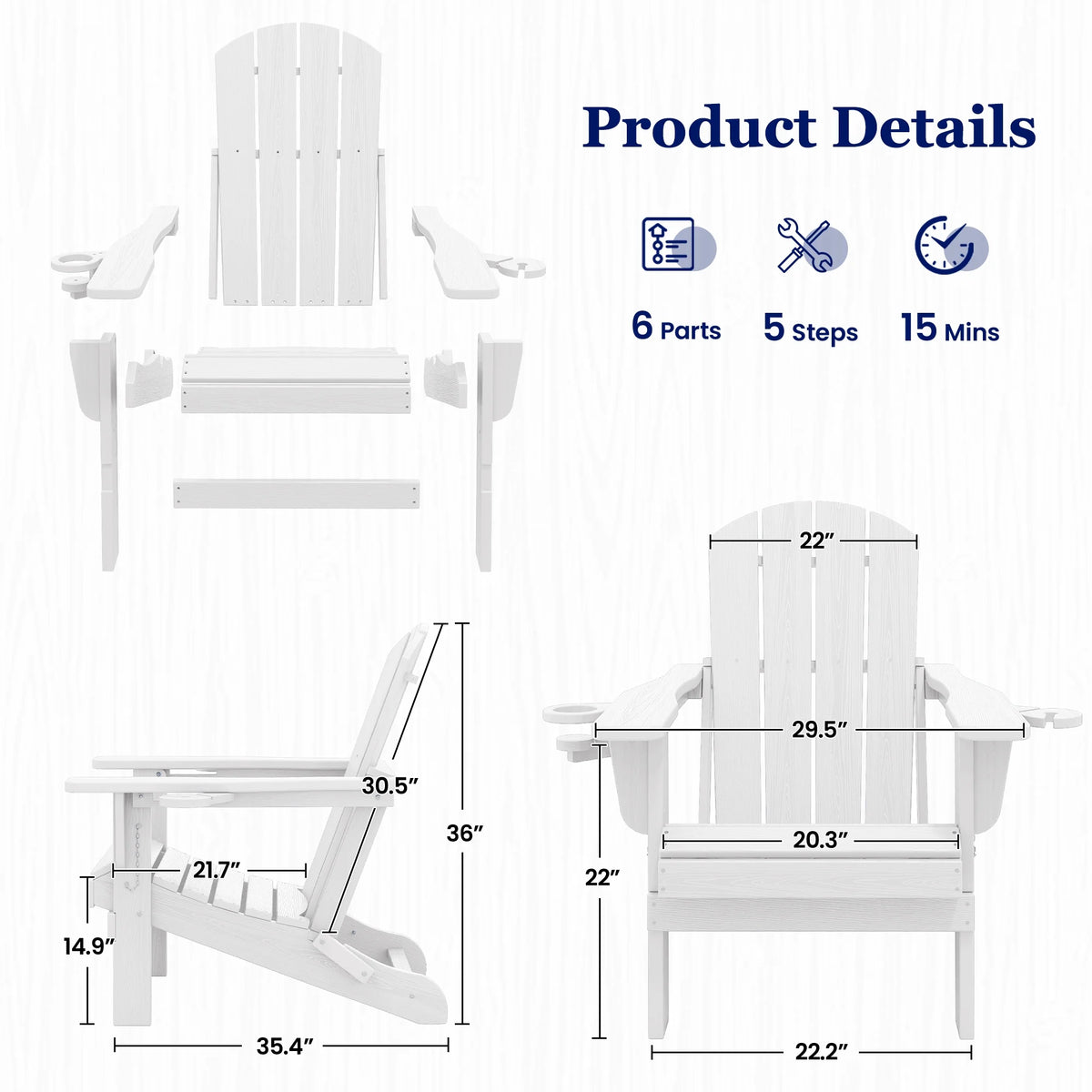 SERWALL Folding Adirondack Chair Set with Dual Cup Holders & Phone Holder, All-Weather HDPE Fire Pit Chairs for Outdoor, Patio, Poolside, Garden - Black