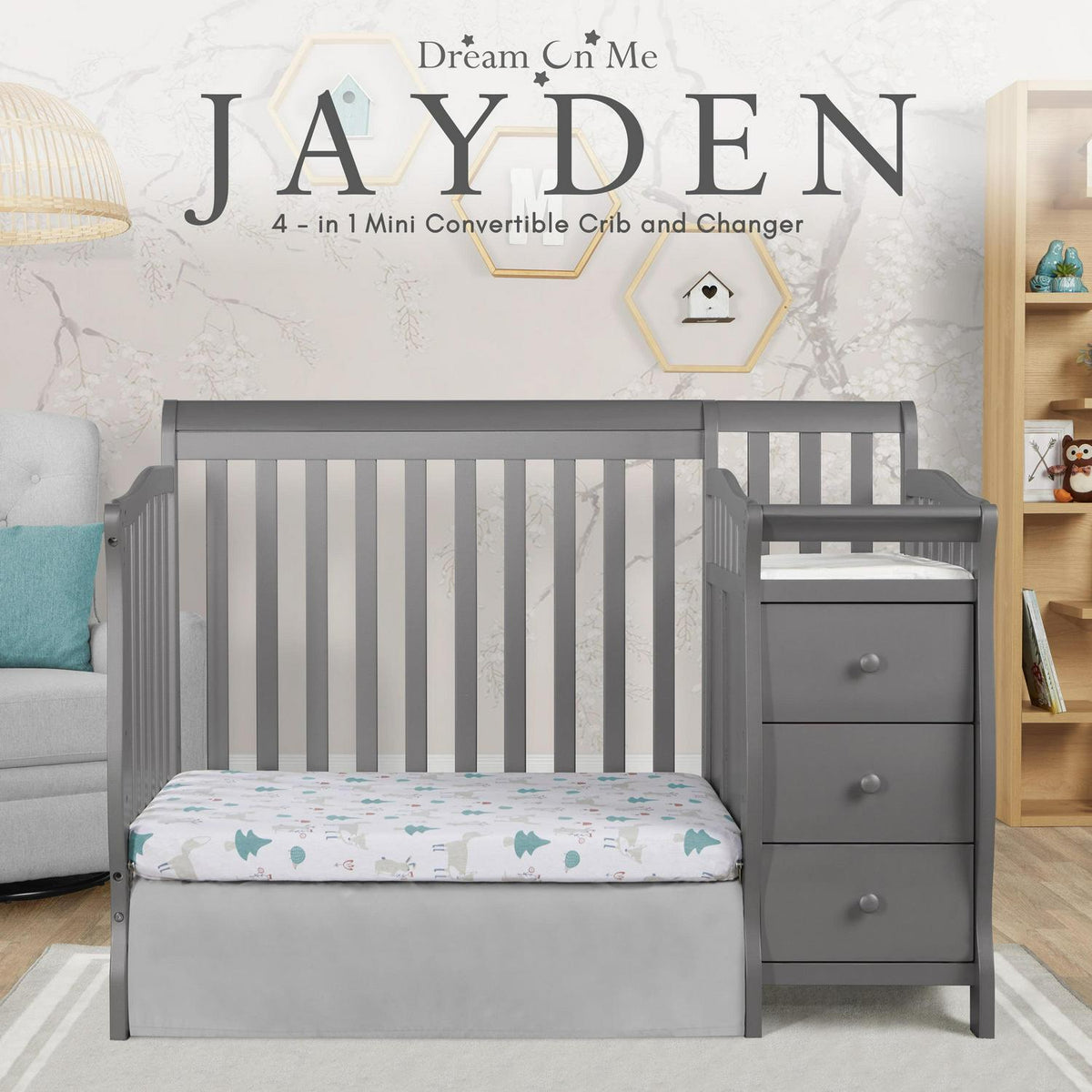 Dream On Me Jayden 4-in-1 Convertible Mini Crib and Changer. Storm Grey