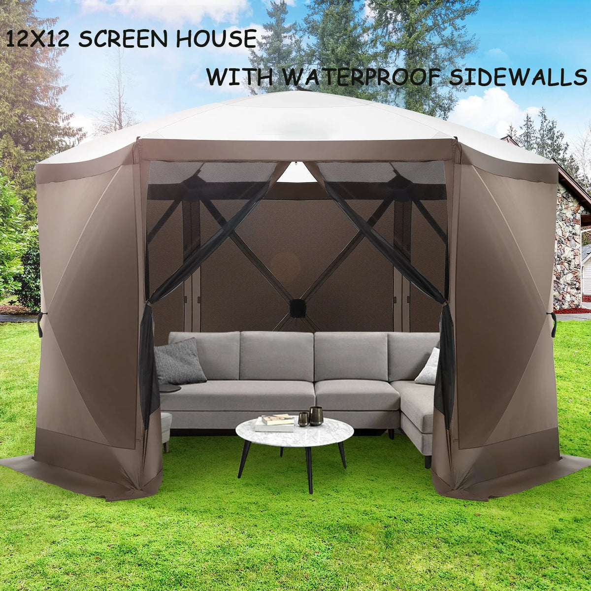 COBIZI 12x12ft Pop-up Gazebo Screen Tent Screen House with sidewalls and Mosquito Netting for Camping, Waterproof, UV Resistant, EZ Set-up Party Canopy with Carrying Bag and Ground Stakes, Brown