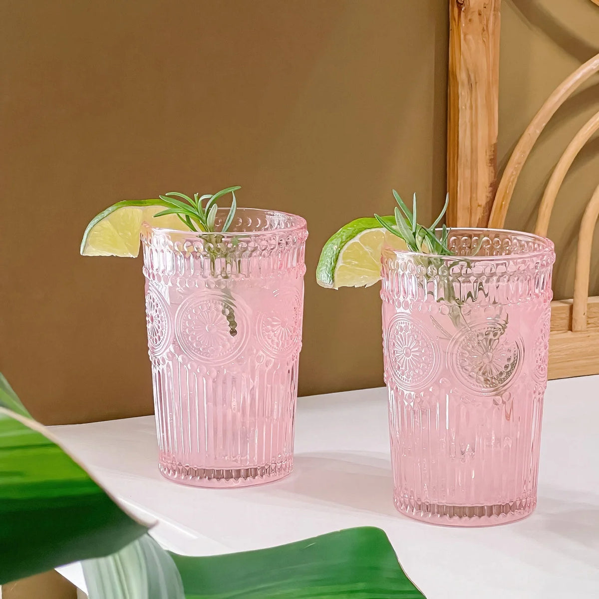 Vintage Textured Amber Striped Drinking Glasses Set of 24, (13 oz) Ribbed Glassware with Flower Design | Cocktail Set, Juice Glass, Water Tumbler