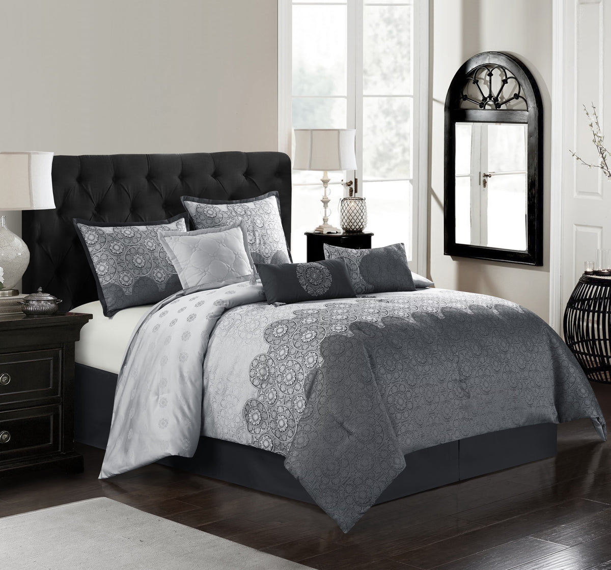 Lanco Taupe Damask Patchwork Queen Size Comforter Set, 7 Piece, Chain Stitching Embroidery Ultra Soft, Premium Microfiber, All Season