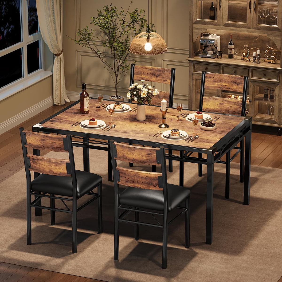 Dining Table Set for 4, Dining Room Table Set for 4 with Upholstered Chairs, Wood Kitchen Table Chairs Set of 4 with Corner Protector for Small Space, Kitchen, Apartment, Rustic Brown