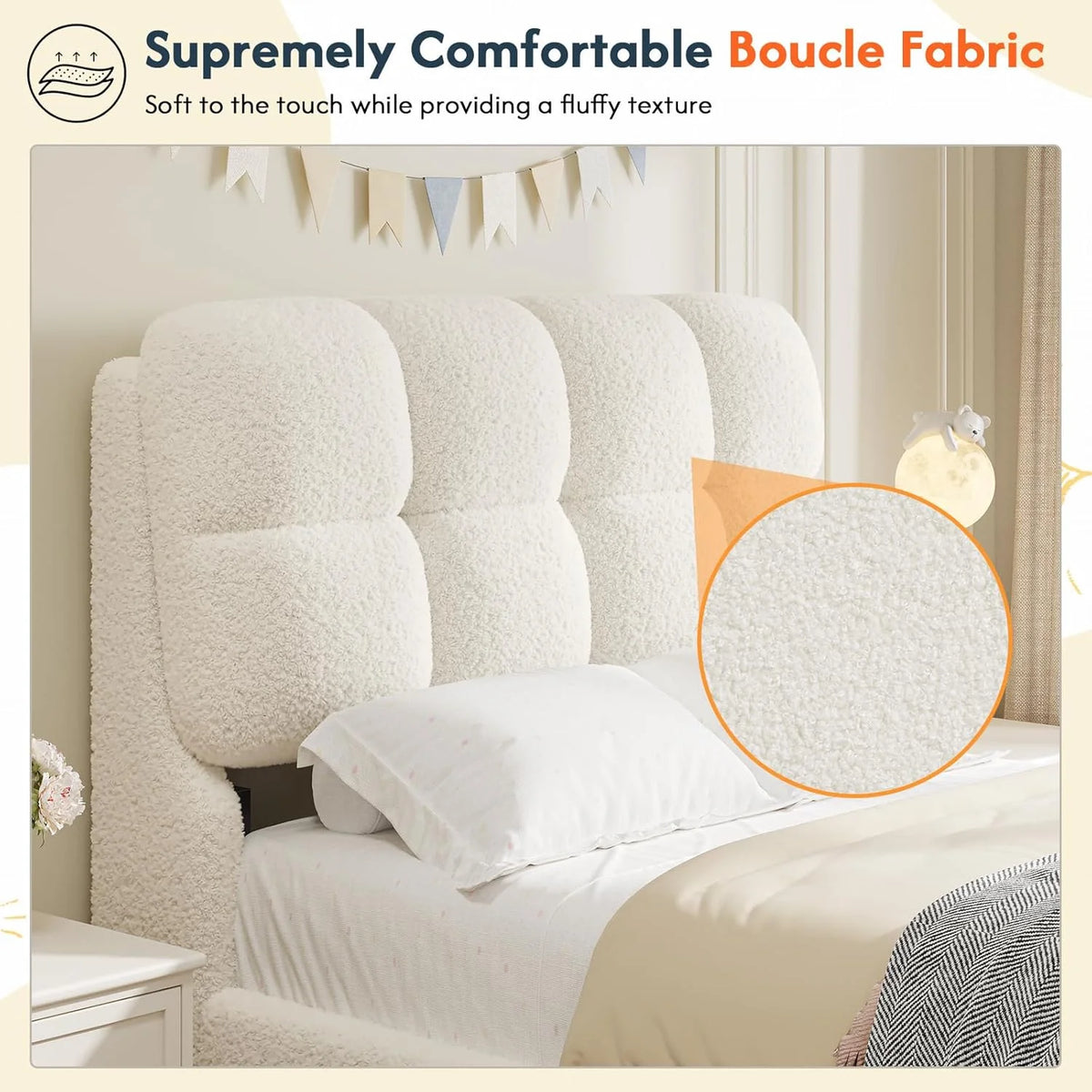 Upholstered Bed Frame Queen Size with Headboard, Modern Soft Cloud Queen Platform Bed for Bedroom, No Box Spring Needed, White
