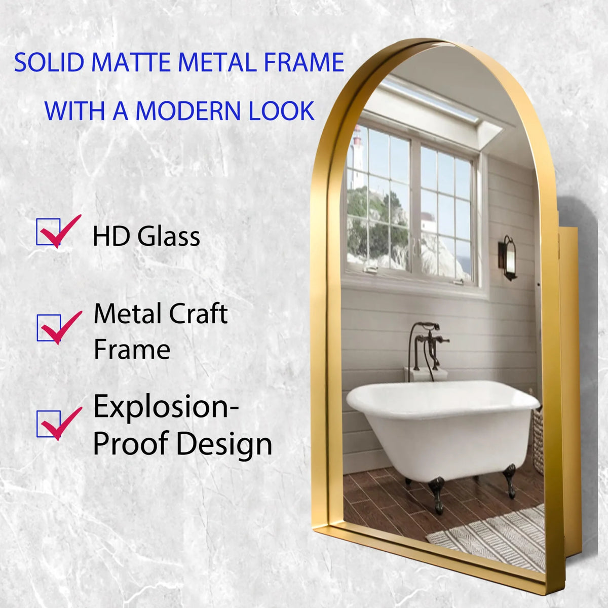 16x24 Inch Bathroom Mirror Cabinet with Adjustable Glass Shelves, Recessed Metal Framed Medicine Cabinet for Storage, Matte Gold