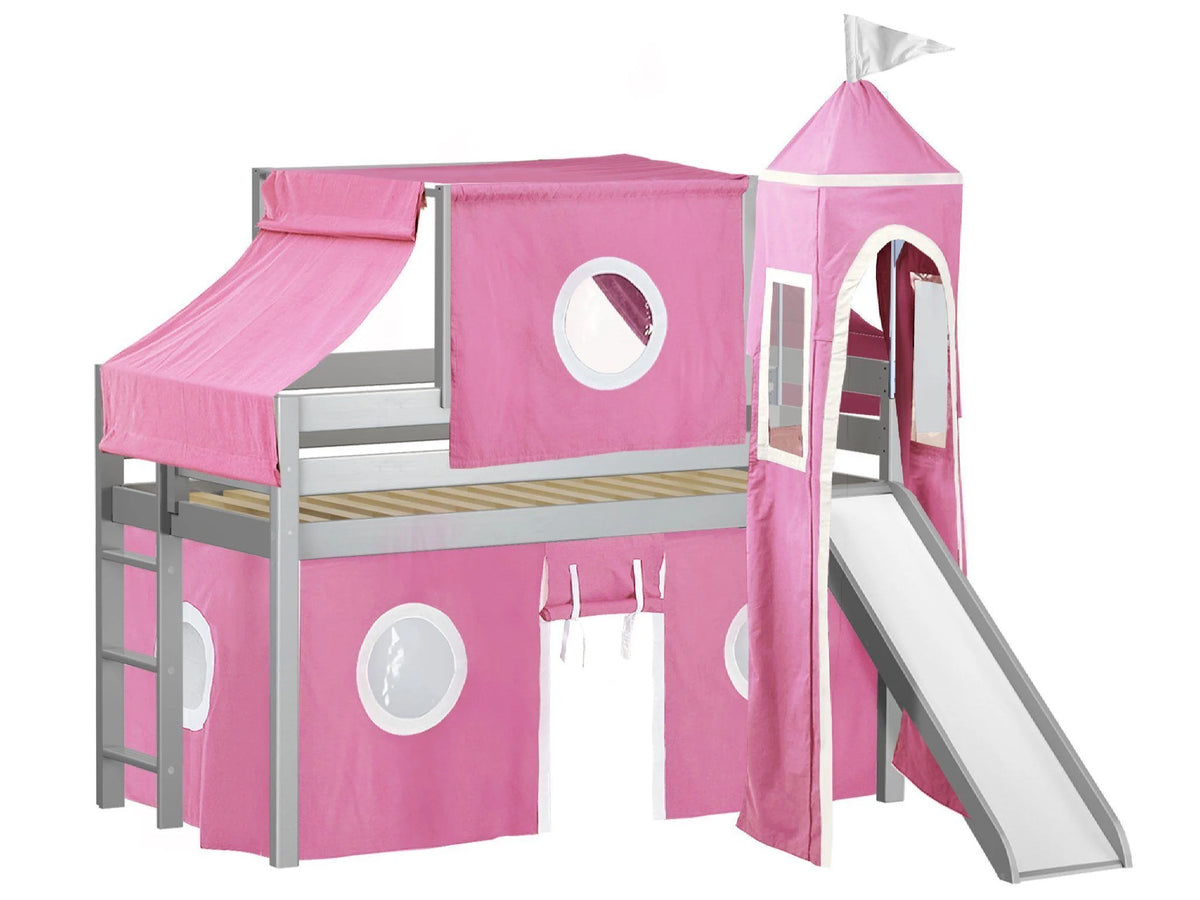 JACKPOT! Castle Low Loft Bed with Slide, Red Yellow and Blue Tent and Tower, Twin, Cherry