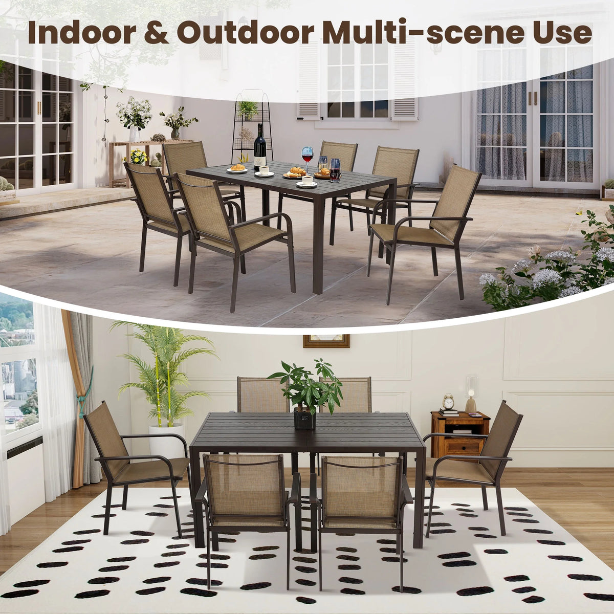 Seizeen 7-Piece Outdoor Table and Chairs, Patio Table Set with 6 Rattan Chairs, All-weather Outdoor Patio Dining Sets Rectangular Metal Table with Acacia Wood Top, Umbrella Hole, Gray