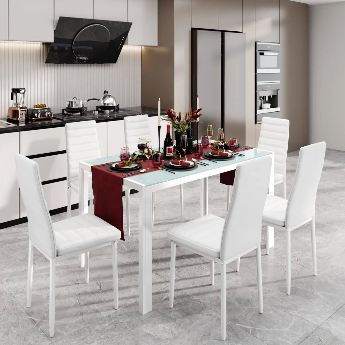 Lofka Dining Table Set for 6, Kitchen Table Set with 6 High Back Chairs, 330lbs, White