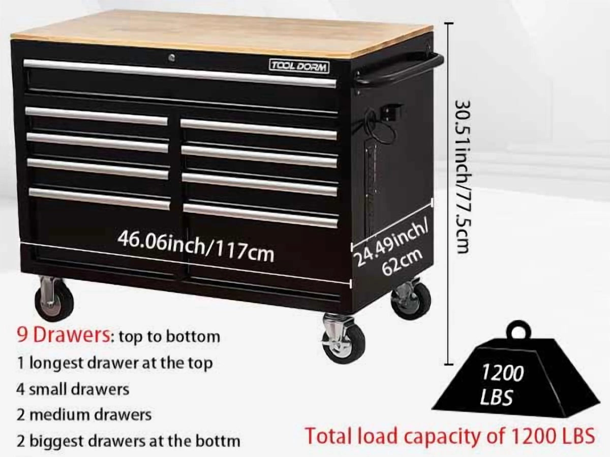 Rolling Tool Chest Extra-Deep 46In 9-Drawers, Mobile Tool Storage Cabinet/Work Bench with Wooden Top/Power Strip, Equipped with Casters, Handle, Liner, and Locking System, 1200 lbs Capacity