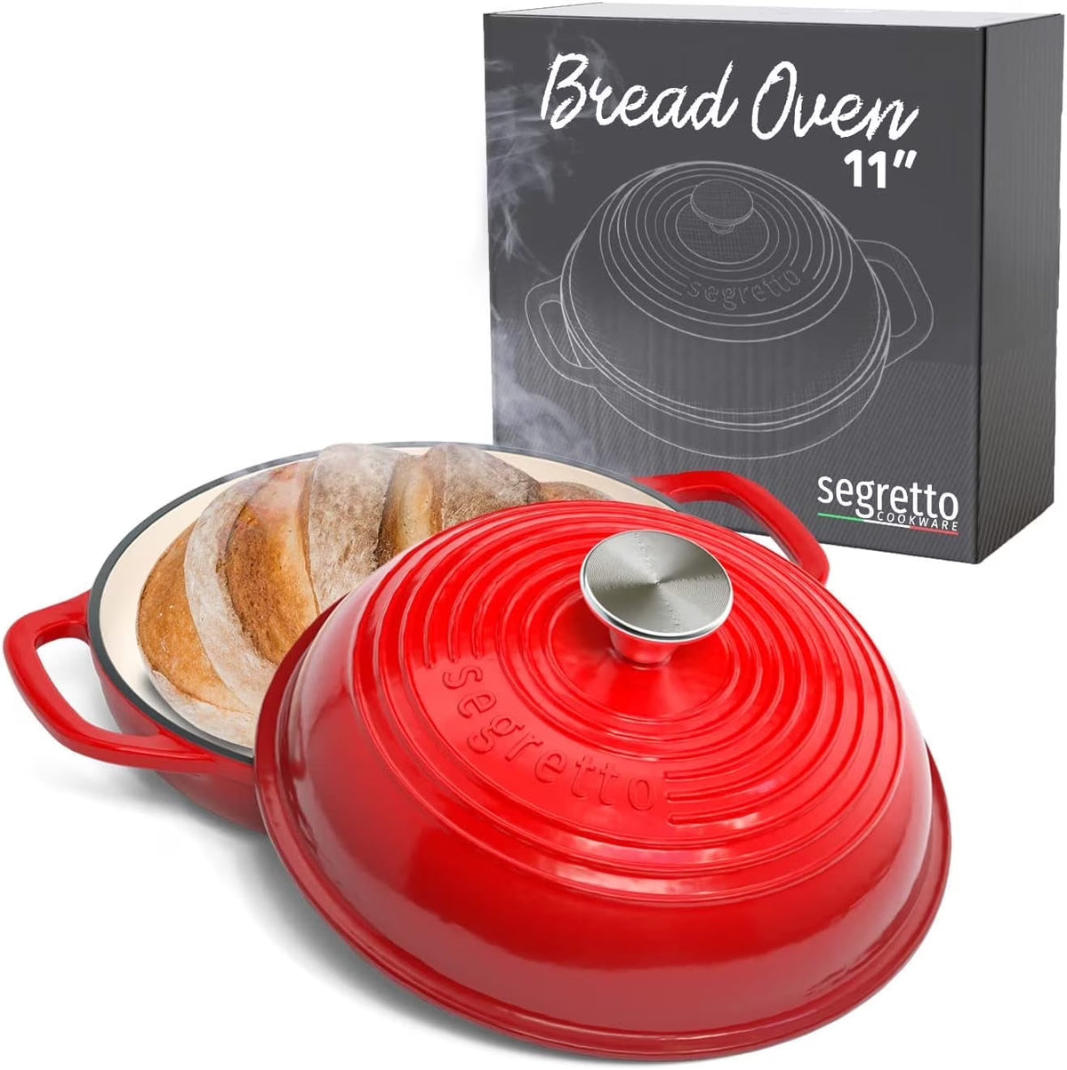 Segretto Cookware 11" Enameled Cast Iron Dutch Oven for Bread, Bread Maker Pan with Lid, Red