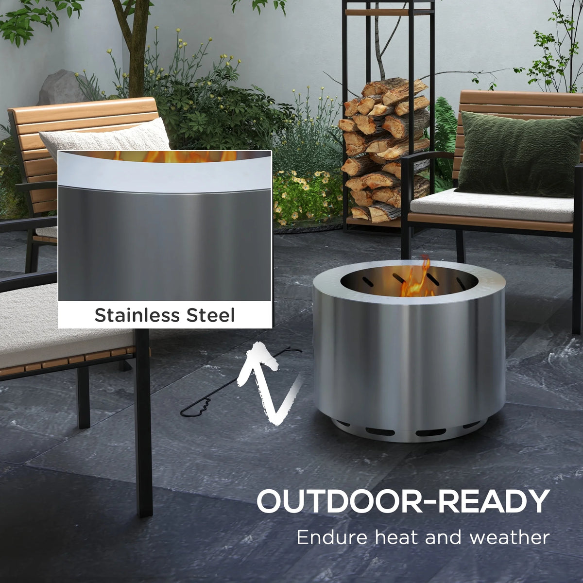 Outsunny Smokeless Fire Pit w/ Poker, 19" Firepit, Steel, Black