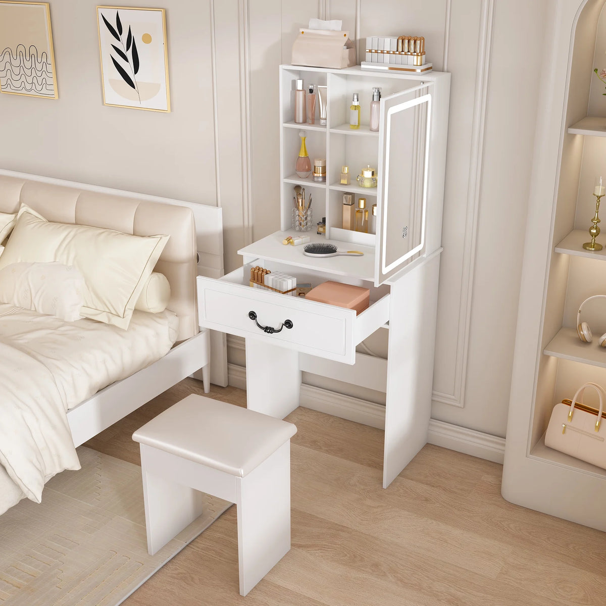 Aukfa Makeup Vanity Set with Power Outlet, Mirror & Adjustable LED Lights for Small Bedroom,White
