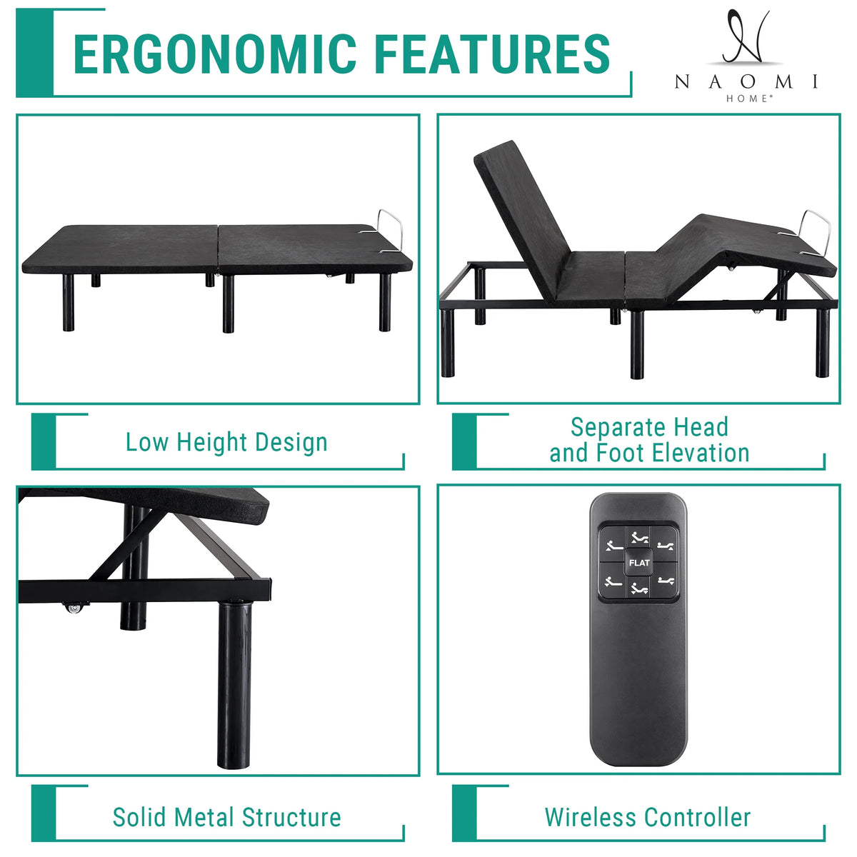Naomi Home Twin XL Size Ergonomic Adjustable Bed Base with Basic Lumbar Support & Head Tilt, Back & Leg Massage, Wireless Remote, Assembly Needed - Twin XL, Gray