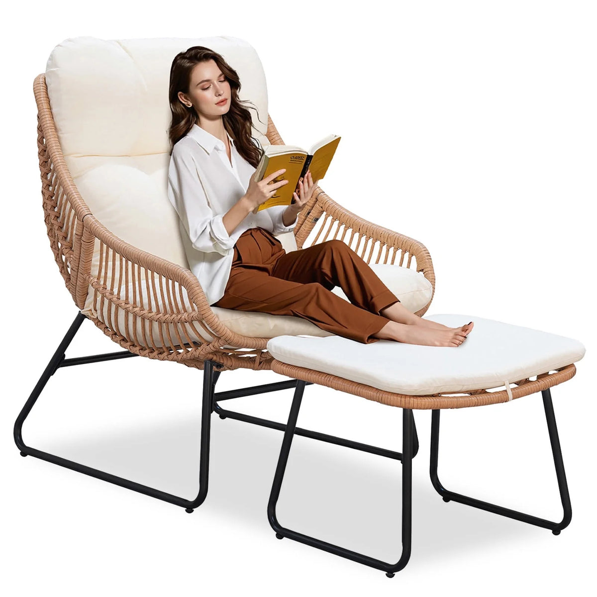 Tappio Wicker Papasan Egg Chair with Ottoman, Outdoor Patio Basket Lounge Chair Indoor Oversized Egg Lounger with Thick Cushion for Living Room Bedroom Balcony Porch, Black