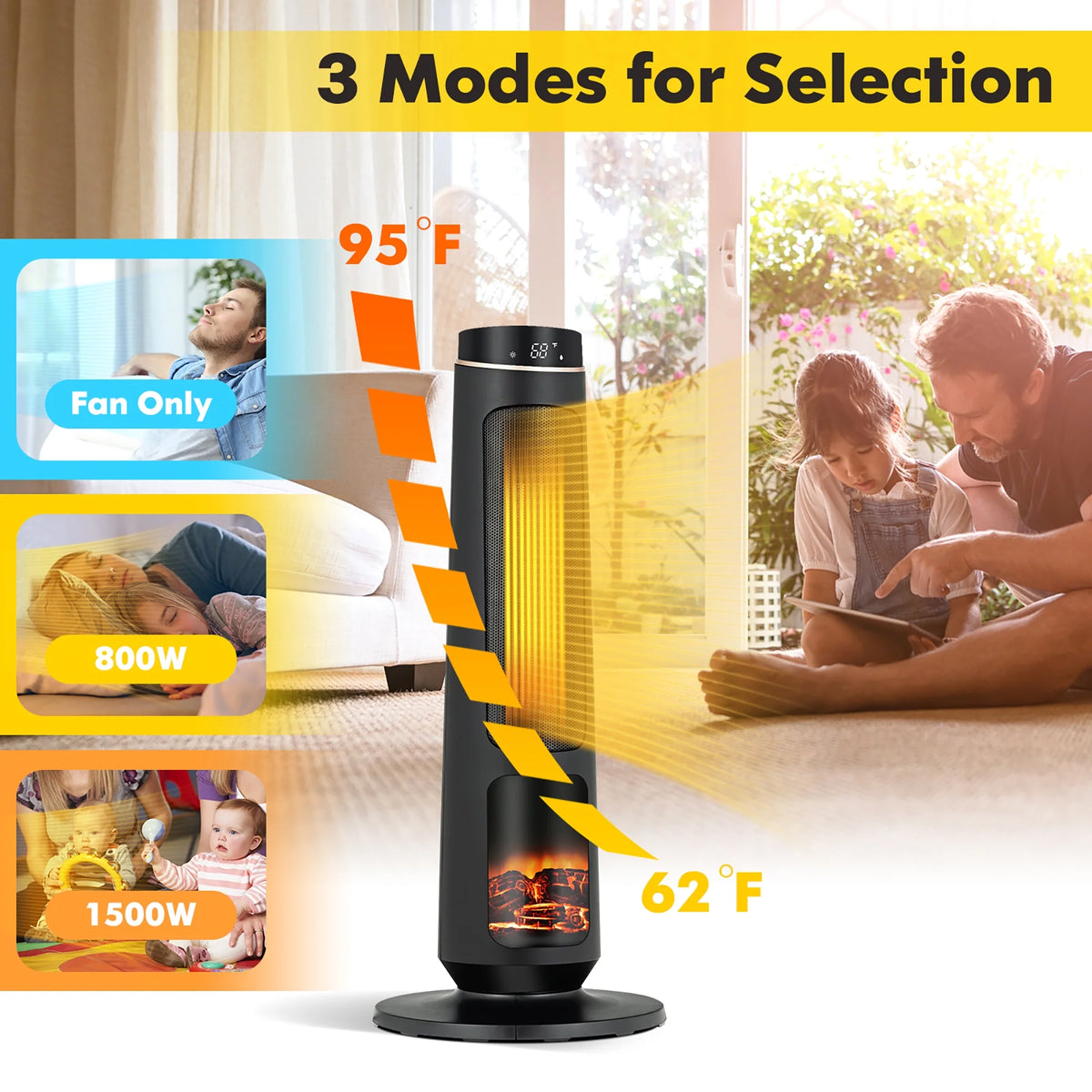 Costway 1500W Electric Space Heater PTC Fast Heating Ceramic Heater 3D Realistic Flame