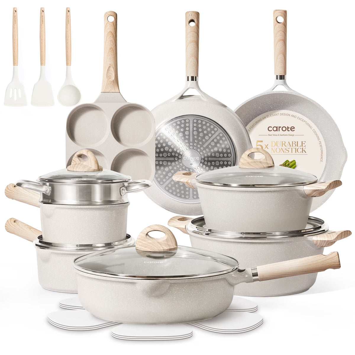 Carote Nonstick Cookware Set 21-Piece,Kitchen Pots and Pans Set,Stay-Cool Handles, Induction Compatible,Cookware Set for RV and Camping,Beige